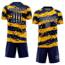 Laden Sie das Bild in den Galerie-Viewer, Custom Navy Gold-White Splash Sublimation Soccer Uniform Jersey