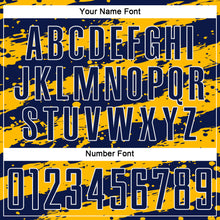 Laden Sie das Bild in den Galerie-Viewer, Custom Navy Gold-White Splash Sublimation Soccer Uniform Jersey