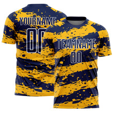 Laden Sie das Bild in den Galerie-Viewer, Custom Navy Gold-White Splash Sublimation Soccer Uniform Jersey