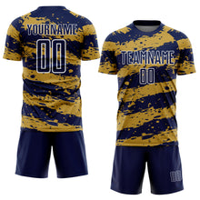 Laden Sie das Bild in den Galerie-Viewer, Custom Navy Old Gold-White Splash Sublimation Soccer Uniform Jersey