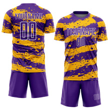 Загрузить изображение в средство просмотра галереи, Custom Purple Gold-White Splash Sublimation Soccer Uniform Jersey