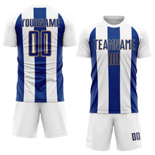 Laden Sie das Bild in den Galerie-Viewer, Custom White Royal-Old Gold Line Sublimation Soccer Uniform Jersey