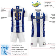 Laden Sie das Bild in den Galerie-Viewer, Custom White Royal-Old Gold Line Sublimation Soccer Uniform Jersey