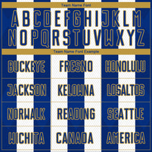 Laden Sie das Bild in den Galerie-Viewer, Custom White Royal-Old Gold Line Sublimation Soccer Uniform Jersey