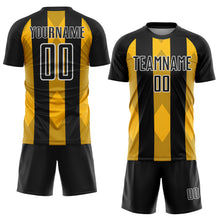 Laden Sie das Bild in den Galerie-Viewer, Custom Black Gold-White Line Sublimation Soccer Uniform Jersey