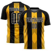 Laden Sie das Bild in den Galerie-Viewer, Custom Black Gold-White Line Sublimation Soccer Uniform Jersey