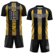 Загрузить изображение в средство просмотра галереи, Custom Black Old Gold-White Line Sublimation Soccer Uniform Jersey