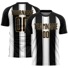 Laden Sie das Bild in den Galerie-Viewer, Custom Black White-Old Gold Line Sublimation Soccer Uniform Jersey