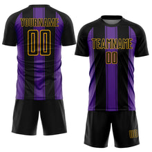 Laden Sie das Bild in den Galerie-Viewer, Custom Black Purple-Gold Line Sublimation Soccer Uniform Jersey