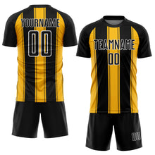 Laden Sie das Bild in den Galerie-Viewer, Custom Black Gold-White Line Sublimation Soccer Uniform Jersey