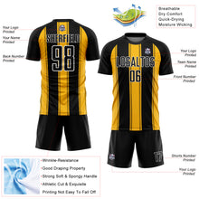 Laden Sie das Bild in den Galerie-Viewer, Custom Black Gold-White Line Sublimation Soccer Uniform Jersey