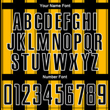 Laden Sie das Bild in den Galerie-Viewer, Custom Black Gold-White Line Sublimation Soccer Uniform Jersey