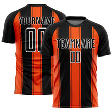 Laden Sie das Bild in den Galerie-Viewer, Custom Black Orange-White Line Sublimation Soccer Uniform Jersey