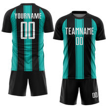 Laden Sie das Bild in den Galerie-Viewer, Custom Black White-Aqua Line Sublimation Soccer Uniform Jersey