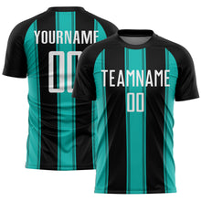 Laden Sie das Bild in den Galerie-Viewer, Custom Black White-Aqua Line Sublimation Soccer Uniform Jersey