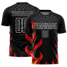 Загрузить изображение в средство просмотра галереи, Custom Black Red-Gold Flame Sublimation Soccer Uniform Jersey