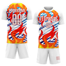 Charger l'image dans la galerie, Custom White Red-Gold Flame Sublimation Soccer Uniform Jersey