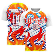 Charger l'image dans la galerie, Custom White Red-Gold Flame Sublimation Soccer Uniform Jersey