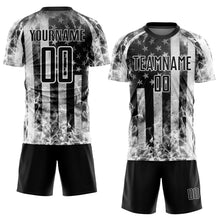 Load image into Gallery viewer, Custom Black Gray-White American Flag Flame Sublimation Soccer Uniform Jersey
