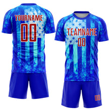 Laden Sie das Bild in den Galerie-Viewer, Custom Thunder Blue Red-White American Flag Flame Sublimation Soccer Uniform Jersey
