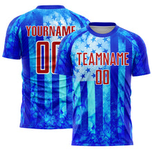 Laden Sie das Bild in den Galerie-Viewer, Custom Thunder Blue Red-White American Flag Flame Sublimation Soccer Uniform Jersey