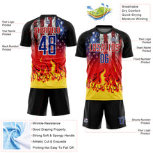 Load image into Gallery viewer, Custom Black Royal Red-Gold American Flag Flame Sublimation Soccer Uniform Jersey