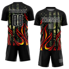 Charger l'image dans la galerie, Custom Camo Black Red-Gold Flame Sublimation Salute To Service Soccer Uniform Jersey