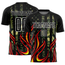 Charger l'image dans la galerie, Custom Camo Black Red-Gold Flame Sublimation Salute To Service Soccer Uniform Jersey