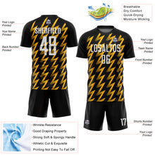 Laden Sie das Bild in den Galerie-Viewer, Custom Black White-Gold Zigzag Shape Sublimation Soccer Uniform Jersey