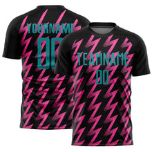 Laden Sie das Bild in den Galerie-Viewer, Custom Black Teal-Pink Zigzag Shape Sublimation Soccer Uniform Jersey