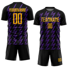 Laden Sie das Bild in den Galerie-Viewer, Custom Black Gold-Purple Zigzag Shape Sublimation Soccer Uniform Jersey
