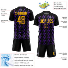 Laden Sie das Bild in den Galerie-Viewer, Custom Black Gold-Purple Zigzag Shape Sublimation Soccer Uniform Jersey