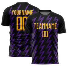 Laden Sie das Bild in den Galerie-Viewer, Custom Black Gold-Purple Zigzag Shape Sublimation Soccer Uniform Jersey