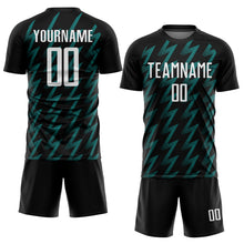 Laden Sie das Bild in den Galerie-Viewer, Custom Black White-Teal Zigzag Shape Sublimation Soccer Uniform Jersey