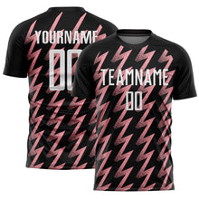 Laden Sie das Bild in den Galerie-Viewer, Custom Black White-Medium Pink Zigzag Shape Sublimation Soccer Uniform Jersey