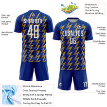 Загрузить изображение в средство просмотра галереи, Custom Royal White-Old Gold Zigzag Shape Sublimation Soccer Uniform Jersey