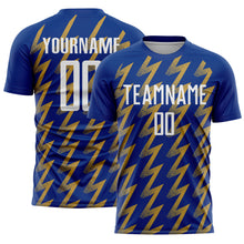 Загрузить изображение в средство просмотра галереи, Custom Royal White-Old Gold Zigzag Shape Sublimation Soccer Uniform Jersey