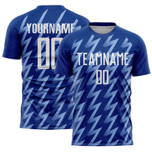 Загрузить изображение в средство просмотра галереи, Custom Royal White-Light Blue Zigzag Shape Sublimation Soccer Uniform Jersey