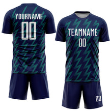 Load image into Gallery viewer, Custom Navy White-Teal Zigzag Shape Sublimation Soccer Uniform Jersey