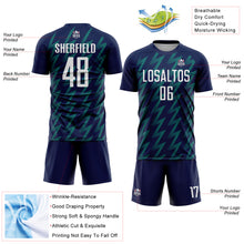 Load image into Gallery viewer, Custom Navy White-Teal Zigzag Shape Sublimation Soccer Uniform Jersey