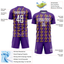 Load image into Gallery viewer, Custom Purple White-Old Gold Zigzag Shape Sublimation Soccer Uniform Jersey