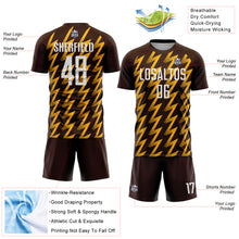 Загрузить изображение в средство просмотра галереи, Custom Brown White-Gold Zigzag Shape Sublimation Soccer Uniform Jersey