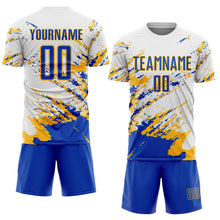 Загрузить изображение в средство просмотра галереи, Custom White Thunder Blue-Gold Abstract Fragment Art Splash Sublimation Soccer Uniform Jersey