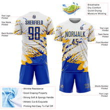 Загрузить изображение в средство просмотра галереи, Custom White Thunder Blue-Gold Abstract Fragment Art Splash Sublimation Soccer Uniform Jersey