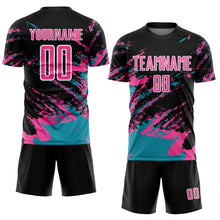 Laden Sie das Bild in den Galerie-Viewer, Custom Black Pink-Teal Abstract Fragment Art Splash Sublimation Soccer Uniform Jersey