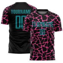 Laden Sie das Bild in den Galerie-Viewer, Custom Black Teal-Pink Abstract Network Splash Sublimation Soccer Uniform Jersey