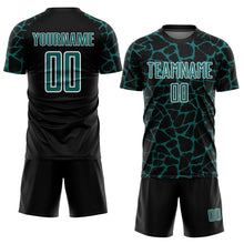 Laden Sie das Bild in den Galerie-Viewer, Custom Black Teal-White Abstract Network Splash Sublimation Soccer Uniform Jersey