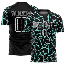 Laden Sie das Bild in den Galerie-Viewer, Custom Black Ice Blue-White Abstract Network Splash Sublimation Soccer Uniform Jersey
