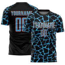 Charger l'image dans la galerie, Custom Black Sky Blue-Orange Abstract Network Splash Sublimation Soccer Uniform Jersey