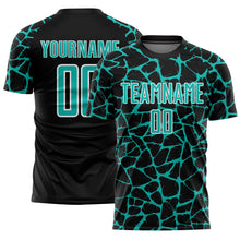 Charger l'image dans la galerie, Custom Black Aqua-White Abstract Network Splash Sublimation Soccer Uniform Jersey